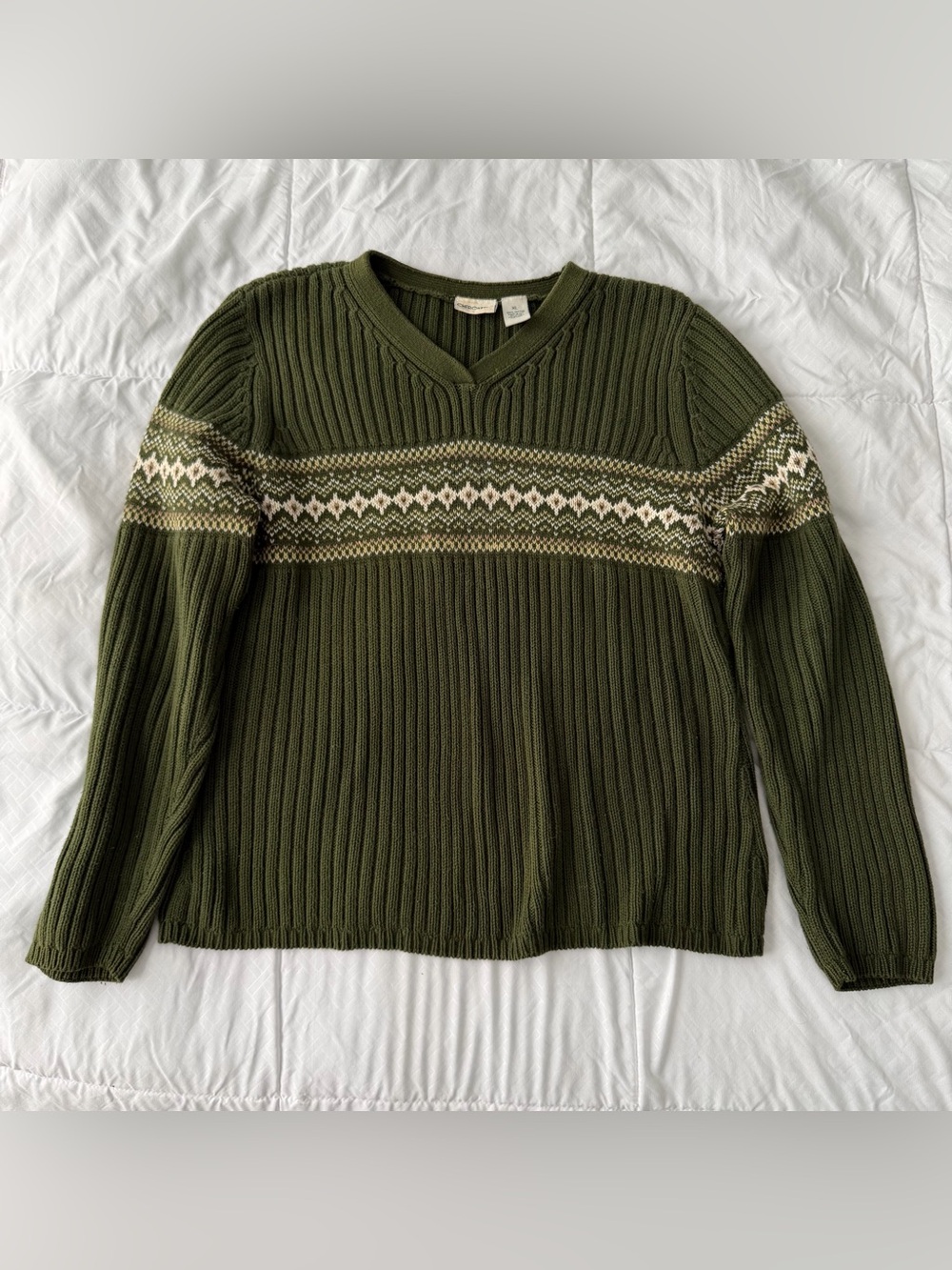 Vintage Cherokee Ribbed V Neck Sweater Fair Isle Stripe Women’s XL Green Nordic